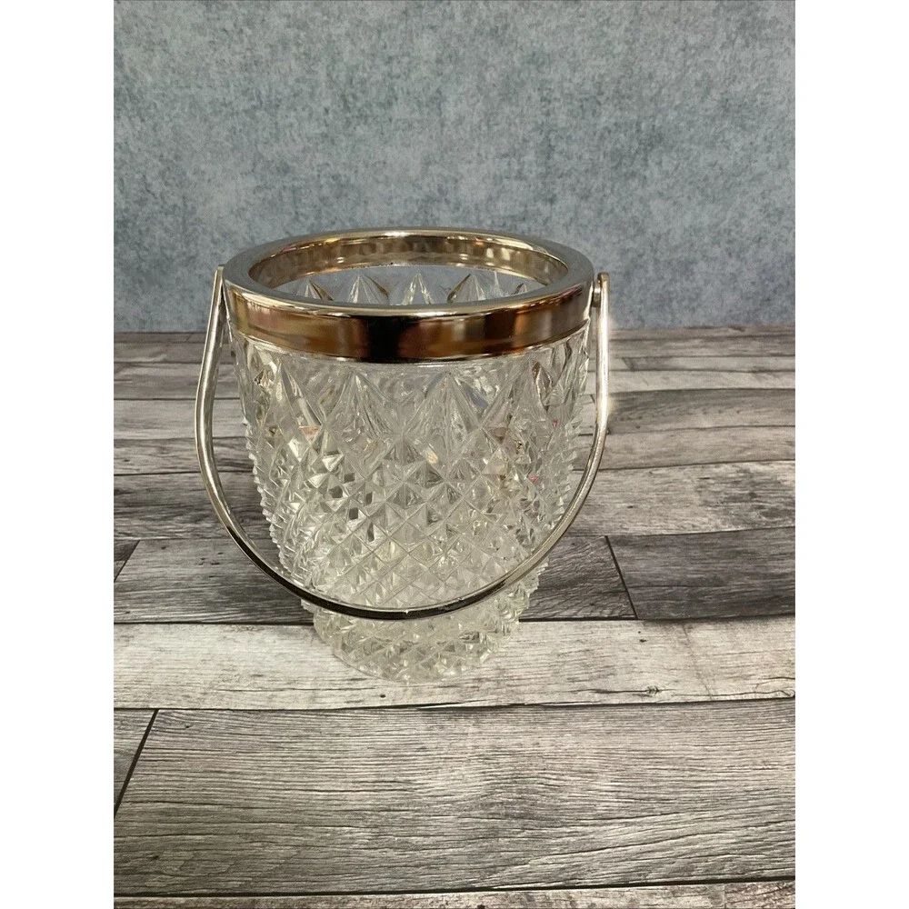 Mid Century.6” x 4.75 Cut Glass Ice Bucket w/ Silver Tone Handle Diamond Pattern